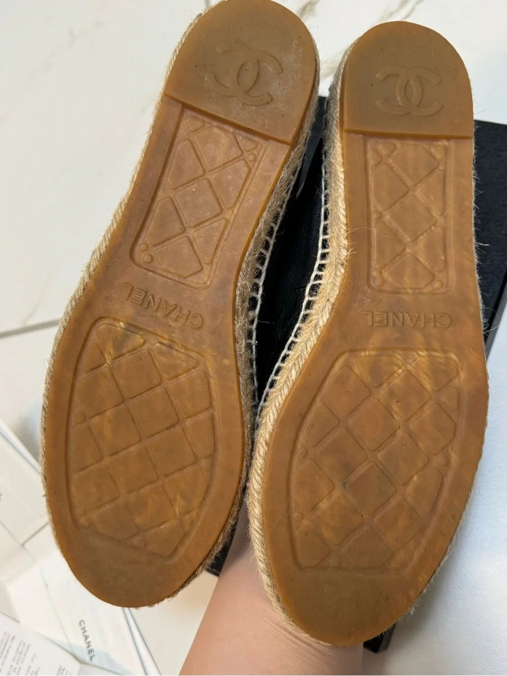 CHANEL Black Leather Logo Espadrille Flats